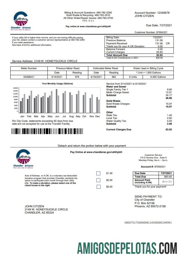Para baixar modelo de conta de serviços públicos EUA Arizona Chandler em formato Word e PDF